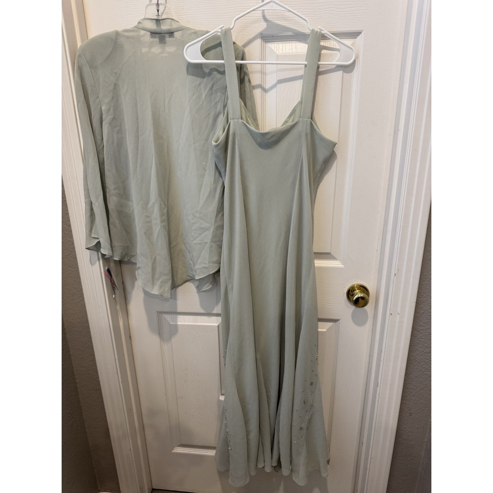 VTG Y2k Formal Dress Mother Of Bride Jacket Set Ruffle Tulip Sage Green Large 10 - Picture 4 of 5